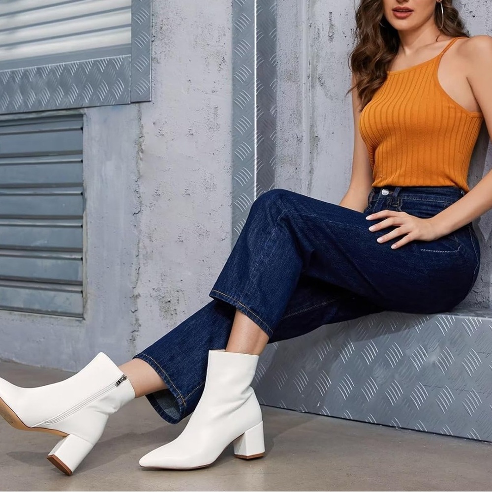 WETKISS Chic White Ankle Booties with Pointed Toe and Block Heel - Picture 7 of 8
